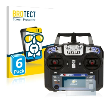 Vorderseite einer Produktverpackung mit dem Markenlogo BROTECT. Daneben ist das Gerät FlySky FS-i6 mit dem zugehörigen Display