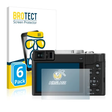 Vorderseite einer Produktverpackung mit dem Markenlogo BROTECT. Daneben ist das Gerät Panasonic Lumix DC-TZ95 mit dem zugehöri