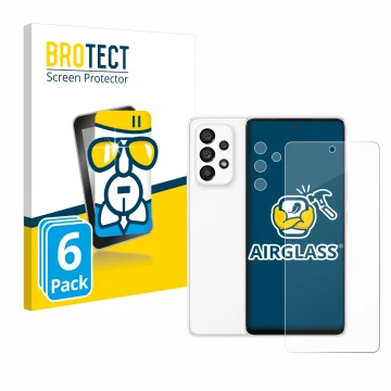 Vorderseite einer Produktverpackung mit dem Markenlogo BROTECT. Daneben ist das Gerät Samsung Galaxy A53 5G (Display+Kamera) m