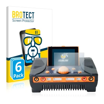 Vorderseite einer Produktverpackung mit dem Markenlogo BROTECT. Daneben ist das Gerät Junsi iCharger 406 Duo mit dem zugehörig