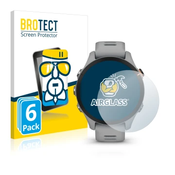 Vorderseite einer Produktverpackung mit dem Markenlogo BROTECT. Daneben ist das Gerät Garmin Forerunner 255S mit dem zugehörig