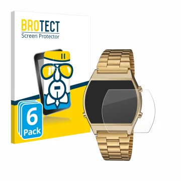 Vorderseite einer Produktverpackung mit dem Markenlogo BROTECT. Daneben ist das Gerät Casio Retro B640WB mit dem zugehörigen D