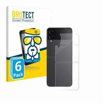 Vorderseite einer Produktverpackung mit dem Markenlogo BROTECT. Daneben ist das Gerät Samsung Galaxy Z Flip 4 (Rückseite) mit 