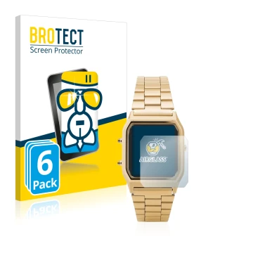 Vorderseite einer Produktverpackung mit dem Markenlogo BROTECT. Daneben ist das Gerät Casio AQ-230GA mit dem zugehörigen Displ
