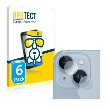Vorderseite einer Produktverpackung mit dem Markenlogo BROTECT. Daneben ist das Gerät Apple iPhone 14 (NUR Kameraschutz) mit d