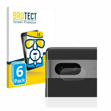 Vorderseite einer Produktverpackung mit dem Markenlogo BROTECT. Daneben ist das Gerät Google Pixel 7 (NUR Kameraschutz) mit de