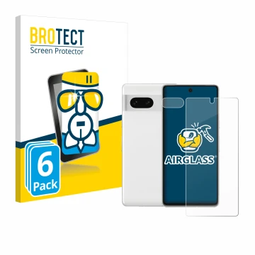 Vorderseite einer Produktverpackung mit dem Markenlogo BROTECT. Daneben ist das Gerät Google Pixel 7 (Display+Kamera) mit dem 