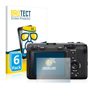 Vorderseite einer Produktverpackung mit dem Markenlogo BROTECT. Daneben ist das Gerät Sony Alpha FX30 Cinema Line mit dem zuge