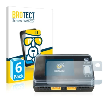 Vorderseite einer Produktverpackung mit dem Markenlogo BROTECT. Daneben ist das Gerät ToolkitRC M6D Dual Charger mit dem zugeh