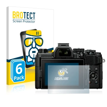 Vorderseite einer Produktverpackung mit dem Markenlogo BROTECT. Daneben ist das Gerät Olympus OM System OM-5 mit dem zugehörig