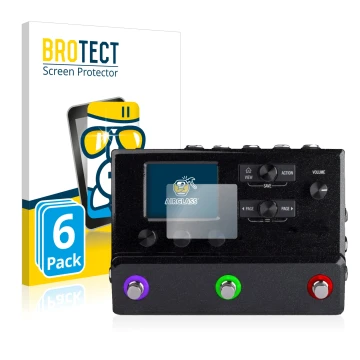 Vorderseite einer Produktverpackung mit dem Markenlogo BROTECT. Daneben ist das Gerät Line 6 hx stomp mit dem zugehörigen Disp