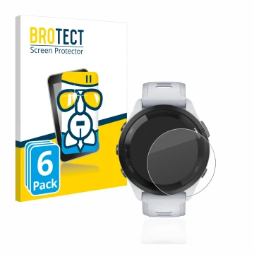 Vorderseite einer Produktverpackung mit dem Markenlogo BROTECT. Daneben ist das Gerät Garmin Forerunner 265 (46 mm) mit dem zu