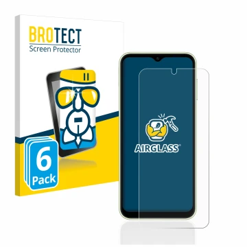 Vorderseite einer Produktverpackung mit dem Markenlogo BROTECT. Daneben ist das Gerät Samsung Galaxy A14 4G mit dem zugehörige