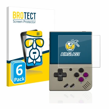 Vorderseite einer Produktverpackung mit dem Markenlogo BROTECT. Daneben ist das Gerät Miyoo Mini Plus mit dem zugehörigen Disp