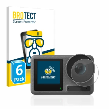 Vorderseite einer Produktverpackung mit dem Markenlogo BROTECT. Daneben ist das Gerät DJI Osmo Action 3 (Linse) mit dem zugehö