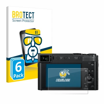 Vorderseite einer Produktverpackung mit dem Markenlogo BROTECT. Daneben ist das Gerät Panasonic Lumix DC-TZ202D mit dem zugehö