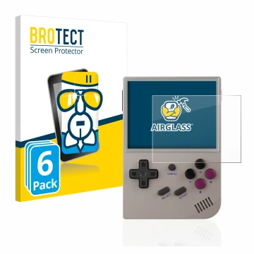 Vorderseite einer Produktverpackung mit dem Markenlogo BROTECT. Daneben ist das Gerät Anbernic RG35XX mit dem zugehörigen Disp