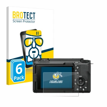 Vorderseite einer Produktverpackung mit dem Markenlogo BROTECT. Daneben ist das Gerät Sony Alpha ZV-E1 mit dem zugehörigen Dis