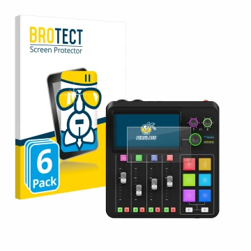 Vorderseite einer Produktverpackung mit dem Markenlogo BROTECT. Daneben ist das Gerät Rode Rodecaster Duo mit dem zugehörigen 