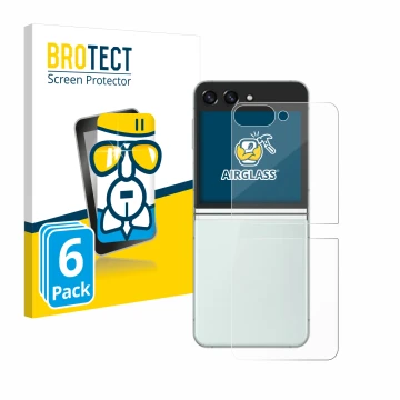 Vorderseite einer Produktverpackung mit dem Markenlogo BROTECT. Daneben ist das Gerät Samsung Galaxy Z Flip 5 (Rückseite) mit 