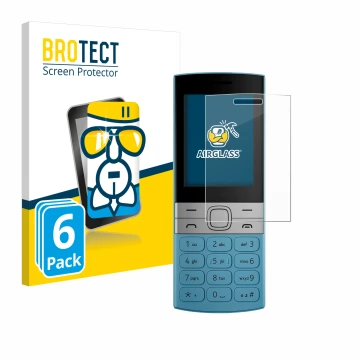 Vorderseite einer Produktverpackung mit dem Markenlogo BROTECT. Daneben ist das Gerät Nokia 150 (2023) mit dem zugehörigen Dis