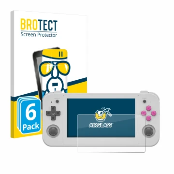 Vorderseite einer Produktverpackung mit dem Markenlogo BROTECT. Daneben ist das Gerät Anbernic RG505 mit dem zugehörigen Displ