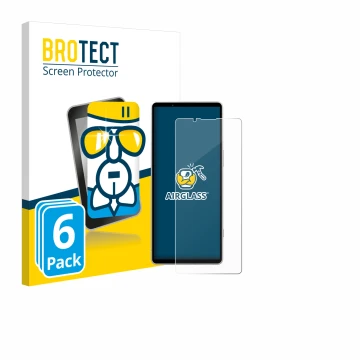 Vorderseite einer Produktverpackung mit dem Markenlogo BROTECT. Daneben ist das Gerät Sony Xperia 5 V mit dem zugehörigen Disp