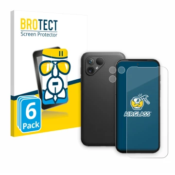 Vorderseite einer Produktverpackung mit dem Markenlogo BROTECT. Daneben ist das Gerät Fairphone 5 (Display+Kamera) mit dem zug