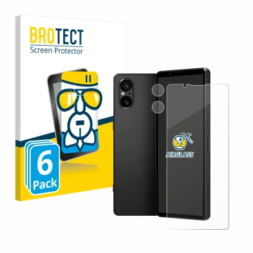 Vorderseite einer Produktverpackung mit dem Markenlogo BROTECT. Daneben ist das Gerät Sony Xperia 5 V (Display+Kamera) mit dem