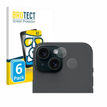 Vorderseite einer Produktverpackung mit dem Markenlogo BROTECT. Daneben ist das Gerät Apple iPhone 15 (NUR Kameraschutz) mit d