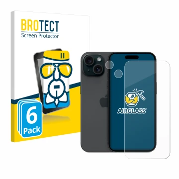 Vorderseite einer Produktverpackung mit dem Markenlogo BROTECT. Daneben ist das Gerät Apple iPhone 15 (Display+Kamera) mit dem