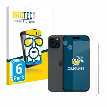 Vorderseite einer Produktverpackung mit dem Markenlogo BROTECT. Daneben ist das Gerät Apple iPhone 15 Plus (Display+Kamera) mi