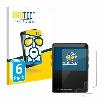 Vorderseite einer Produktverpackung mit dem Markenlogo BROTECT. Daneben ist das Gerät HifiWalker H2 touch mit dem zugehörigen 