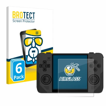 Vorderseite einer Produktverpackung mit dem Markenlogo BROTECT. Daneben ist das Gerät Powkiddy RGB30 mit dem zugehörigen Displ