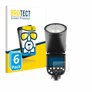 Vorderseite einer Produktverpackung mit dem Markenlogo BROTECT. Daneben ist das Gerät Godox V1 mit dem zugehörigen Displayschu