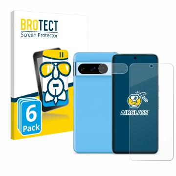 Vorderseite einer Produktverpackung mit dem Markenlogo BROTECT. Daneben ist das Gerät Google Pixel 8 Pro (Display+Kamera) mit 