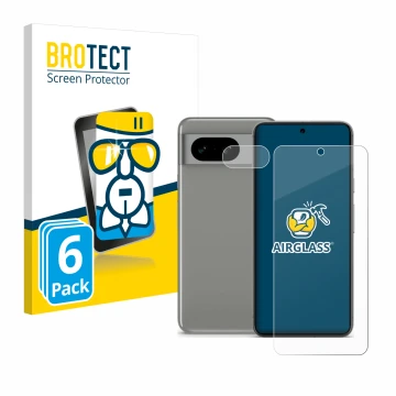 Vorderseite einer Produktverpackung mit dem Markenlogo BROTECT. Daneben ist das Gerät Google Pixel 8 (Display+Kamera) mit dem 