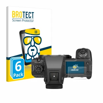 Vorderseite einer Produktverpackung mit dem Markenlogo BROTECT. Daneben ist das Gerät Fujifilm GFX100 II (Schulterdisplay) mit