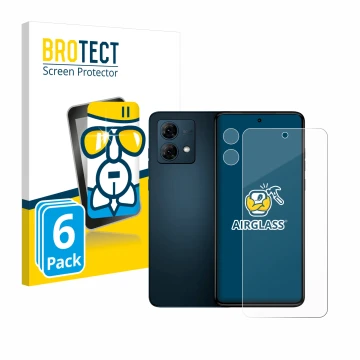 Vorderseite einer Produktverpackung mit dem Markenlogo BROTECT. Daneben ist das Gerät Motorola Moto G84 (Display+Kamera) mit d