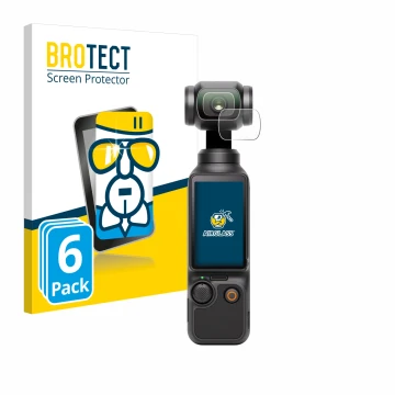 Vorderseite einer Produktverpackung mit dem Markenlogo BROTECT. Daneben ist das Gerät DJI Osmo Pocket 3 (Linse) mit dem zugehö