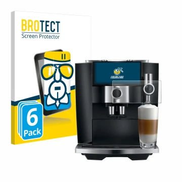 Vorderseite einer Produktverpackung mit dem Markenlogo BROTECT. Daneben ist das Gerät Jura J8 twin mit dem zugehörigen Display