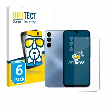 Vorderseite einer Produktverpackung mit dem Markenlogo BROTECT. Daneben ist das Gerät Samsung Galaxy A15 (Display+Kamera) mit 