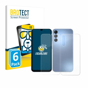 Vorderseite einer Produktverpackung mit dem Markenlogo BROTECT. Daneben ist das Gerät Samsung Galaxy A15 (Display+Rückseite) m