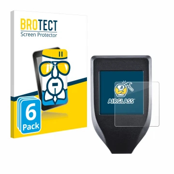 Vorderseite einer Produktverpackung mit dem Markenlogo BROTECT. Daneben ist das Gerät Trezor Model T mit dem zugehörigen Displ