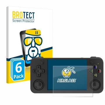Vorderseite einer Produktverpackung mit dem Markenlogo BROTECT. Daneben ist das Gerät Anbernic RG35XX H mit dem zugehörigen Di