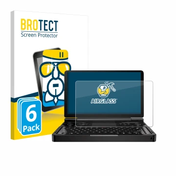 Vorderseite einer Produktverpackung mit dem Markenlogo BROTECT. Daneben ist das Gerät GPD Win Mini (2024) mit dem zugehörigen 