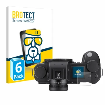 Vorderseite einer Produktverpackung mit dem Markenlogo BROTECT. Daneben ist das Gerät Leica SL3 (Schulterdisplay) mit dem zuge