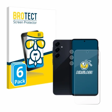 Vorderseite einer Produktverpackung mit dem Markenlogo BROTECT. Daneben ist das Gerät Samsung Galaxy A55 5G (Display+Kamera) m