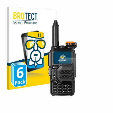 Vorderseite einer Produktverpackung mit dem Markenlogo BROTECT. Daneben ist das Gerät Quansheng UV-K5 mit dem zugehörigen Disp