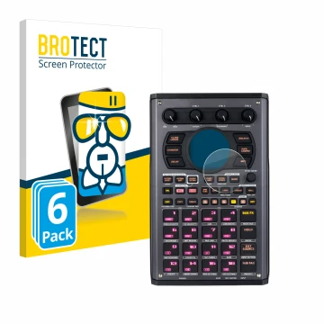 Vorderseite einer Produktverpackung mit dem Markenlogo BROTECT. Daneben ist das Gerät Roland SP-404MKII mit dem zugehörigen Di